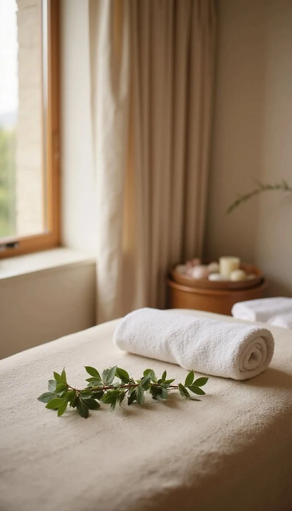 Relaxing spa treatment room with fresh towels